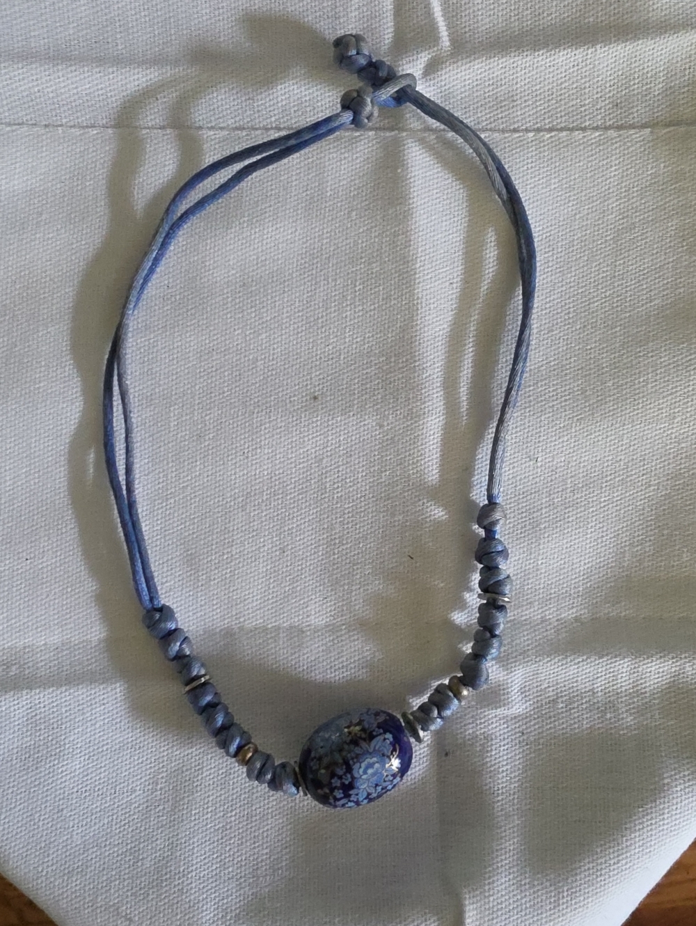 Blue Floral Ceramic Bead Necklace with Adjustable Cord